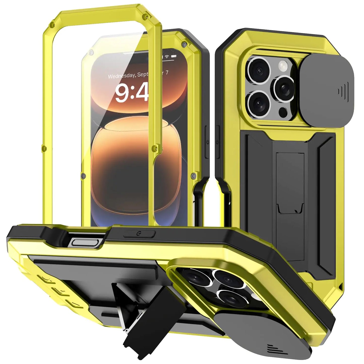 Compatible with iPhone 16 Case with Screen Camera Protector KickRugged Military Metal Heavy Duty Waterproof Case with Screen Protector Slide Camera Cover for Man Outdoor (Yellow)